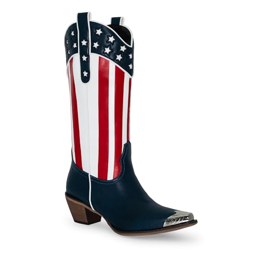 Women's Blue red American Patriotic Flag Mid Calf Cowboy Boots Chunky Block Heel Pull On Wide calf Metal Pointed Toe Western Cowgirl Booties classic sexy party Boots 8