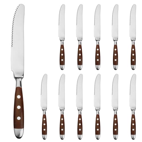 Alata Steakmesser Set 12 Stück,Küchen Steakbesteck Messer set,Scharfe Pizzamesser, Braunen Griffen,Edelstahl poliert,Wellenschliff,für Haushalte das Esszimmer, Serie Berlin