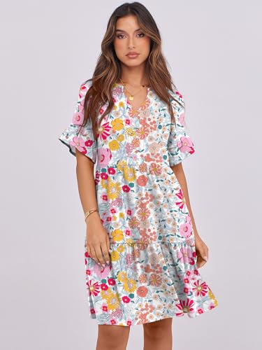 Image of ANRABESS Women's Summer Casual Dress, V-Neck Ruffle Sleeve Tiered Mini Dress, Soft Comfy Fabric with Pockets for All-Day Wear