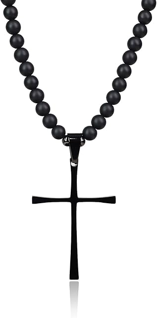 COAI Mens Onyx Stone Cross Beaded Necklace