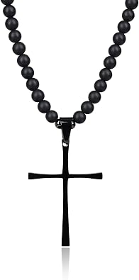 COAI Onyx Crystal Beaded Necklace for Men, Cross Pendant Confirmation Necklace for Men