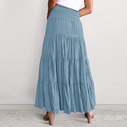Saia feminina de verão com cintura alta, elástica, estilo boho, casual, com cordão, saia longa, Azul