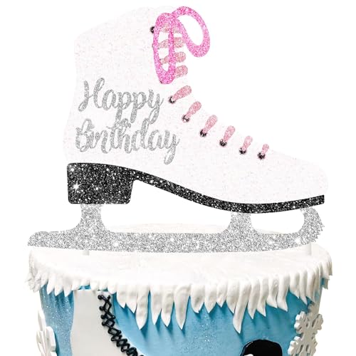 Godkk Décoration de gâteau d'anniversaire – Patinage artistique à paillettes sur le thème du patinage artistique, blanc, 1 pièce, 18 x 16 cm