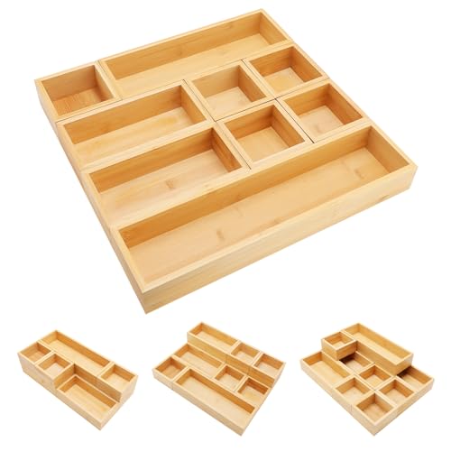 Bamboo Drawer Organizer Set, 9 PCS Multi-Use Individual Wood Storage