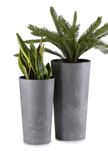 HowHomely 2X Blumentopf Gross mit Pflanzkübel Einsatz | Hellbeton-Optik Pflanzkübel Groß für Deko Wohnzimmer oder Garten | Set aus 2 Blumenübertopf (30xh57cm & 25xh46)