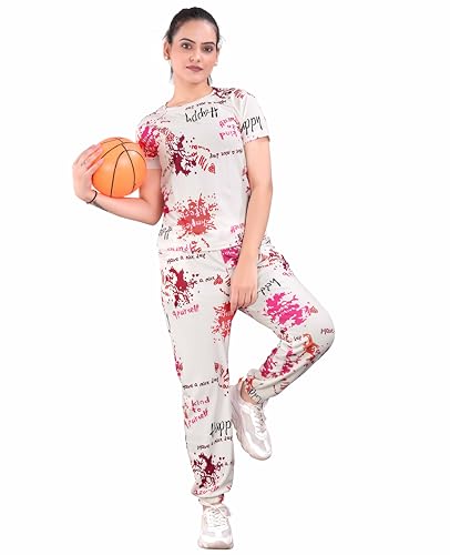 Image of Women's Printed Polyester Tracksuit Set, Lightweight Stretchable Tracksuit Suit and Gym Outfit with Side Pockets