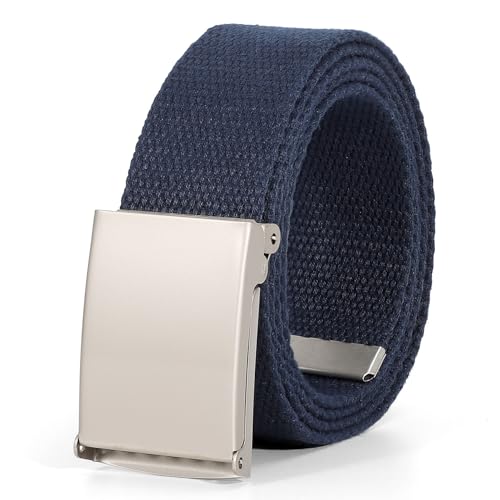JasGood Unisesx Webgürtel Herren Damen Leinwand Arbeitsgürtel Frei Verstellbarer Flip-Top Webgürtel Silber Militärschnalle für Geschäft Sport Lässig,Navy blue,120cm