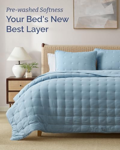 Image of Quilts Queen Size - Bedspread for Queen Size - Lightweight Comforter Set - Quilt Bedding Set for All-Seasons - Soft, Breathable and Comfy - Summer Coverlet with 2 Pillow Shams - 90 inch x 96 inch, Dust Blue