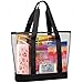 Clear Tote Bag - Top Zipper Closure, Long Shoulder Strap and Attractive Fabric Trimming. Perfect Transparent Travel Tote for all Places and Events where Clear Bags are Required. (Black)