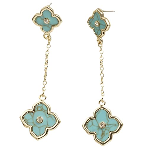 ENAMEL CLOVER WITH CZ ACCENT LINK GOLD PIERCED EARRING WITH TURQUOISE, MOP, OR BLACK CLOVER DROP