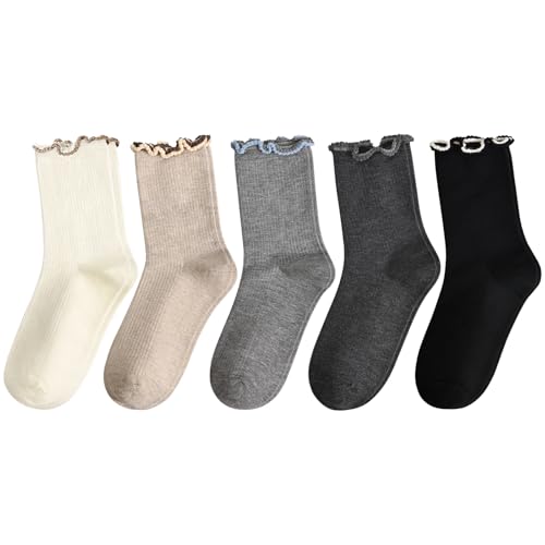 FIYIGO Womens Ruffle Socks, Turn-Cuff Cute Casual Crew Socks & Contrast-Color Ruffle, Breathable Knit Cotton, 5 Pairs​