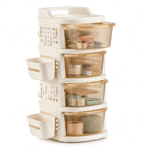 Image of Homeor 4 Tier Plastic Storage Drawer Cabinet with Wheels, Modular Chest of Drawers Organizer with Side Basket & Handle, Storage Trolley Rack for Home, Kitchen, Bedroom, Kids Room (Ivory Transparent)