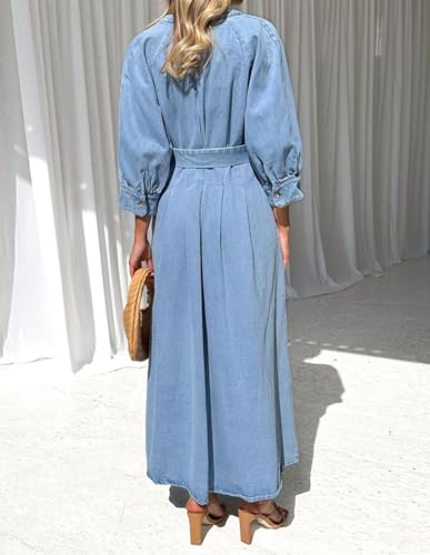 chouyatou Women's Boho V-Neck Button Down Swing Maxi Denim Dress 3/4 Sleeve Casual Belted Long Jean Dress2