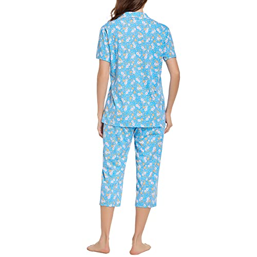 Image of Tugege Capri Pajamas Set Womens Button Down Short Sleeve Lounge Sets Sleepwear Notch Collar Top & Capri 2 Piece PJ Sets