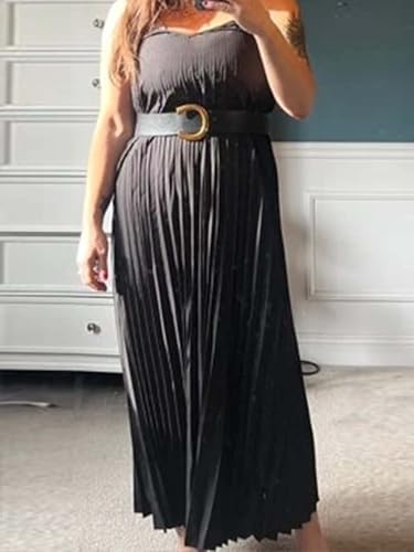 Image of Women's Summer Casual V Neck Sleeveless Strappy Pleated Flowy Loose Maxi Long Beach Dress