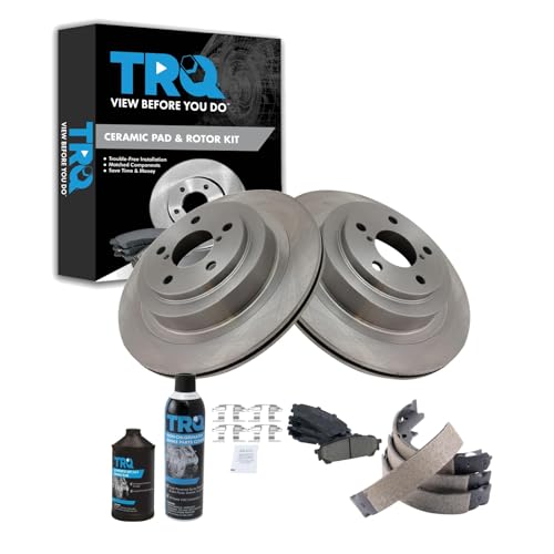 Image of TRQ Rear Brake Pad & Rotor Kit, with Chemical Kit Parking Brake Shoe Set Ceramic Compatible with 2006-2007 Subaru Impreza