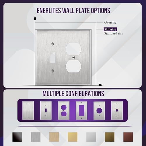 Image of ENERLITES Combination Toggle Light Switch and Duplex Receptacle Outlet Metal Midway Wall Plate, Corrosion Resistant, 2-Gang 4.88 inch x 4.92 inch, 771121M, 430, UL Listed, Silver, Stainless Steel Mid Size