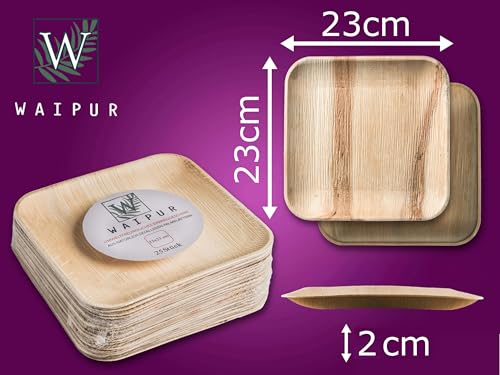 Miniatura 7 de Waipur 25 Platos Desechables De Hoja De Palma Ecológicos - Cuadrado 23x23 Cm - Vajilla Orgánica Elegante - Estable, Reciclable, Natural Y Biodegradable - Menaje Descartable