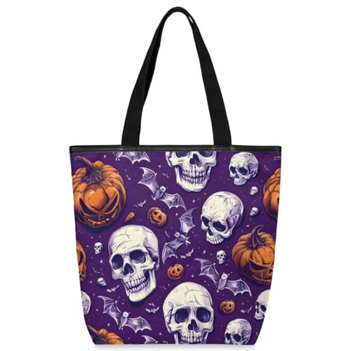 Mularoka Skulls Bats Pumpkins Canvas Tote Bag with Zipper and Pockets Canvas Tote Shopping Bag Women Reusable Grocery Bag for Beach Travel Gym Shopping