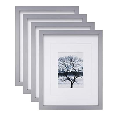 Egofine 11x14 Picture Frames, 4 Pack Display Pictures 5x7/8x10 with Mat or 11x14 Without Mat Made of Solid Wood for Table Top Display and Wall Mounting Photo Frame, Light Gray