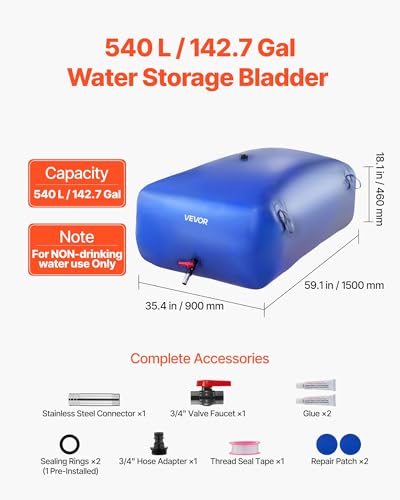 Image of VEVOR Water Storage Bladder, 142.7 Gal Collapsible Water Storage Bag, Wear-Resistant 1000D PVC Soft Waters Bag, Leakproof Camping Tank Containers for Garden Irrigation RV Emergency Use, Blue
