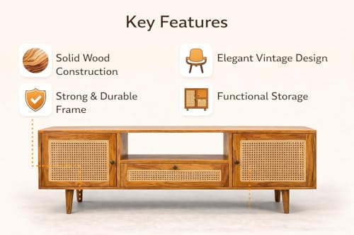 Image of Premium Solid Wood, 10 Minutes Assembly (Legs Only), Aesthetic Rattan Doors, Mid Century Entertainment Center for Living Room, TV Stand for 65 inch TV, Dark Chocolate (Unipue Natural)