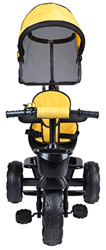 Image of JoyRide 3 in 1 Baby Tricycle Toddler Stroller Kids Pedal Tricycle w /Pusher Removable Canopy Safety Bar Storage Footrest for 18 Months to 5 Years (Yellow)