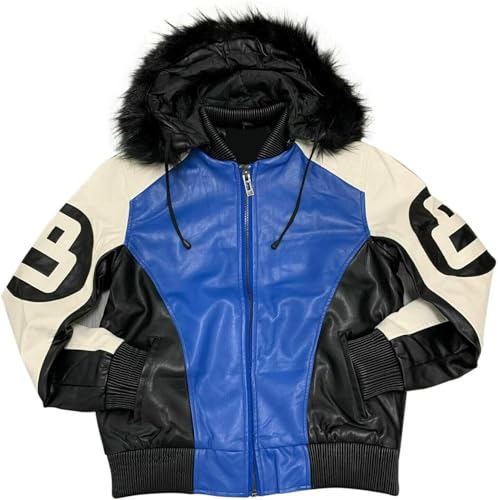 Hifa Men's Authentic 8 Ball Logo Pool Billiard Cue Bomber 90's Retro PU Faux Leather Jacket With Fur Hood2