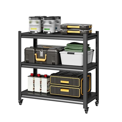 3-Tier Metal Garage Storage Shelves with Wheels, Heavy-Duty Rolling Utility Cart, Adjustable Storage Rack, Shelving Unit for Garage, Warehouse, Pantry, Kitchen, 32" H × 34" W × 18" D, Black