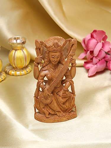 Image of RDK Saraswati MATA Chandan Murti - 4 inches Handcrafted Sandalwood Idol for Pooja, Home Temple & Study Room - for Spiritual & Religious Use Only