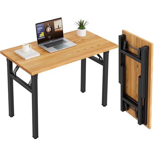 Image of Need 35.8 Inch Folding Desk for Small Spaces, Home Office Computer Desk with Teak Wood Top & Black Frame, Foldable Writing Table for Study, Bedroom, Dorm Room & Student