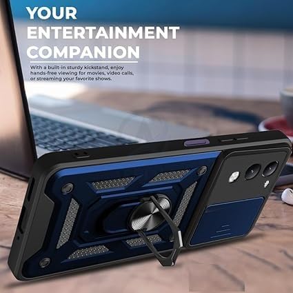 Image of SPAZY CASE Vivo T4 Lite 5G Back Cover | Heavy Duty Hybrid Case with 360 Degree Rotating Finger Ring Holder + Slider Shutter Camera Protection Case for Vivo T4 Lite 5G - Blue