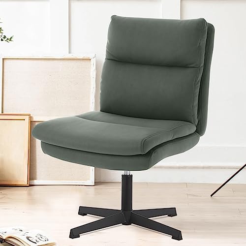 Luckwind Armless Home Office Desk Chair No Wheels, Modern Double Padded Ergonomic Vanity Chair, Mid-Back Height Adjustable Cushioned Swivel Task Chairs, Wide Seat, Spring Tilt Rocker (Dark Green) #TOP8