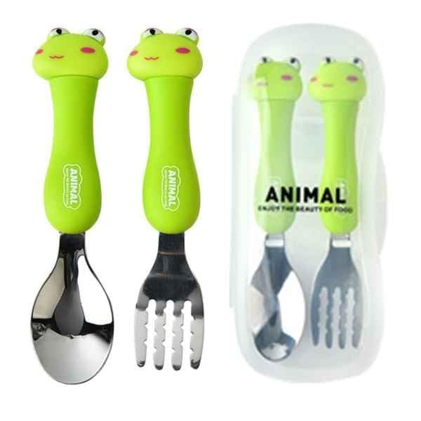 Image of Bekner Kids Cutlery Set, Stainless Steel Spoon and Fork with Animal Design Handles, 14.7 cm, Multicolor, Pack of 2 (Green)