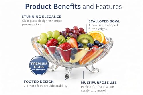 Image of Pure Source India 8-Inch Clear Glass Fruit Bowl with Footed Base - 1.5 Liter Capacity Decorative Serving Bowl for Fruit, Salad & Home Decor