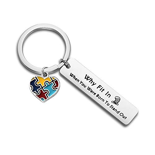WUSUANED Autism Awareness Puzzle Piece Keychain Why Fit in When You were Born to Stand Out Gift for Autistic