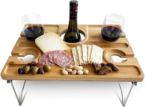 Portable Bamboo Picnic Wine Table for 4 - Folding Snack