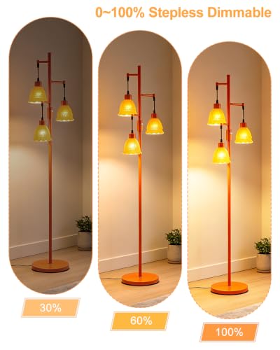 Image of Lightdot 3-Lights Glass Floor Lamp Dimmable Orange Floor Lamp with Orange Glass Shade 3000K Bulbs Included Unique Modern Standing Tall Lamp with 5Lbs Heavy Base for Living Room /Bedroom /Sofa Beside