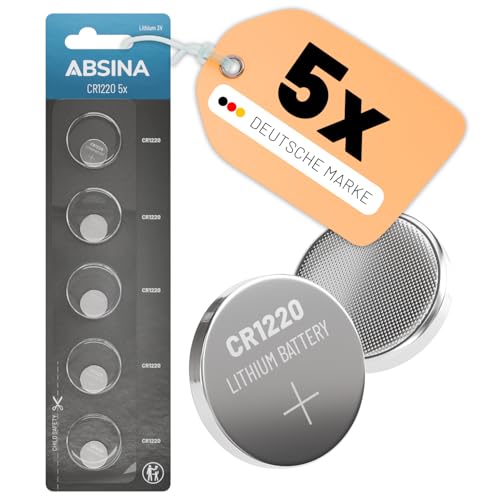 ABSINA CR1220 Knopfzelle 3V Lithium 5er Pack - Batterie CR 1220 auslaufsicher & Lange Haltbarkeit - CR 1220 3 Volt für Autoschlüssel, Uhr und vieles mehr - CR1220 Lithium Batterien