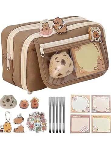 Estojo Escolar Infantil Capivara, Design Kawaii, Marrom com Zíperes, Decorado com Adesivos