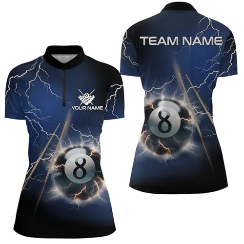 Personalized Thunder Lighting Blue 8 Ball Billiard 3D Quarter Zip Shirts for Women Pool Ball Jerseys V1030