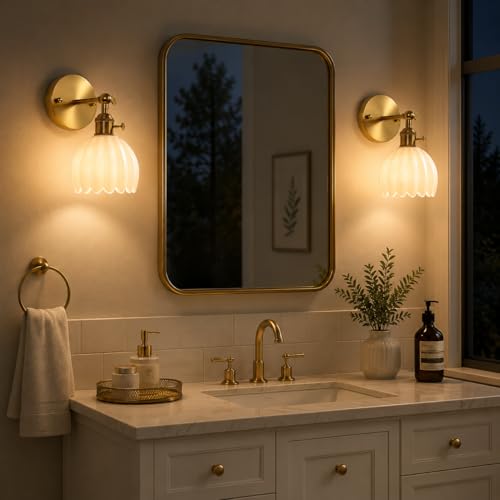 Image of 1-Light Gold Brass Bathroom Light Fixture,Wall Sconces set of 2,Brushed Gold Vanlity Light Over Mirror,Bathroom Vanity Light with White Tulip Glass Flower Shade,E26 Socket(Bulbs Not Included)