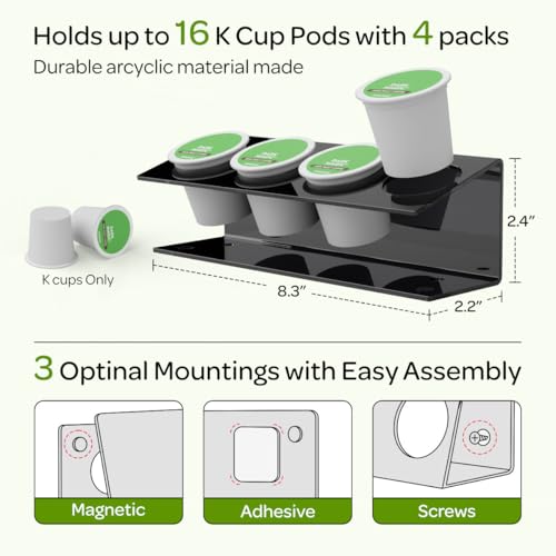 Image of LifeMoreasy K Cup Holders, Acrylic Coffee Pods Organizer Stand Magnetic & Self-Adhesive Wall Mounted K Cup Stand for Kitchen Wall, Cabinet, Fridge (4 Pack for 16 Pods)