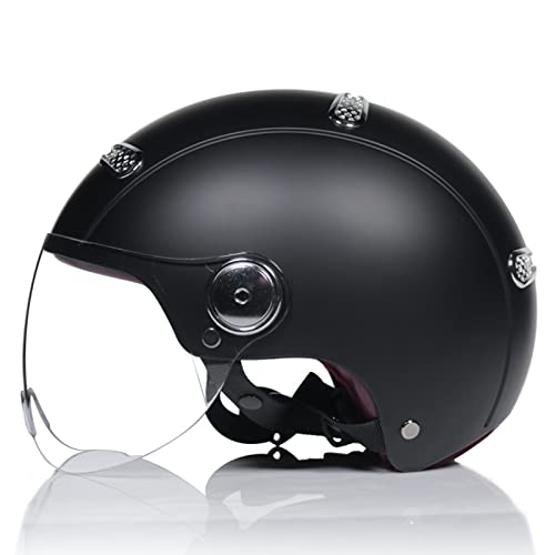 Cascos para Adultos Motocicleta, Retro Vespa Scooter Casco para Hombres Mujeres, Motocicleta eléctrica Medio Casco con Visera Solar Certificado ECE Casco Abierto de Verano,Matte black a,L Cover