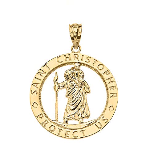 10k Gold St Christopher Protect Us Round Charm Pendant
