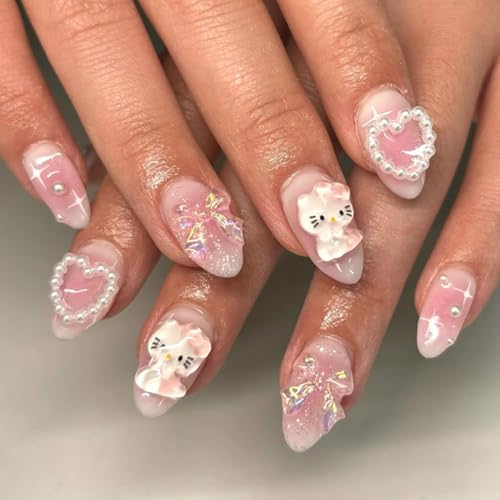 24 Pcs Cute Pink Press on Nails Medium Almond Glossy Fake Nails with 3D Cartoon Pearl Heart & Bow Charms Reusable Acrylic Glue on Nails for Women French Style Artificial Nail Art Kit for Daily & Party
