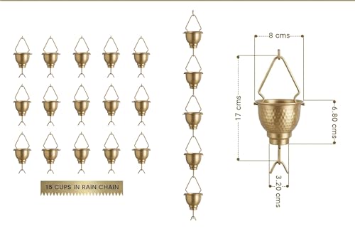 Image of Rain Chain - Brass Powder Coated 8.5 Feet Length Metal Rain Chain for Garden Decor - Rust Proof Long Lasting Rain Chain with Gutter Adaptor and Clip Installer - Rain Chain Downspout for Gutter