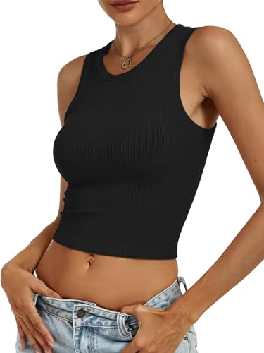 Image of ANRABESS Womens Crop Tank Tops High Neck Sleeveless Ribbed Knit Slim Fit Shirts 2026 Summer Casual Basic Workout Clothes