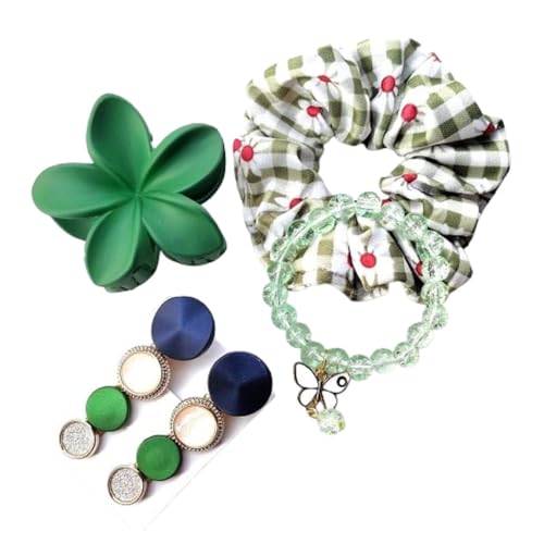 Image of Mini Green Hamper Accessories Set, Green Printed Pattern Scrunchie, Beaded Bracelet, Trendy Flower clips, and Hair Pins (Gift Hamper 02)