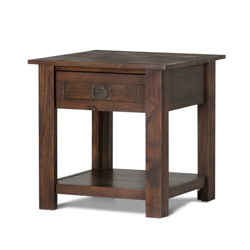 SIMPLIHOME Monroe End Table - 22 inch Wide Solid Acacia Wood Side Table in Distressed Charcoal Brown, Rustic Accent Table for Living Room or Bedroom with Drawer and Shelf